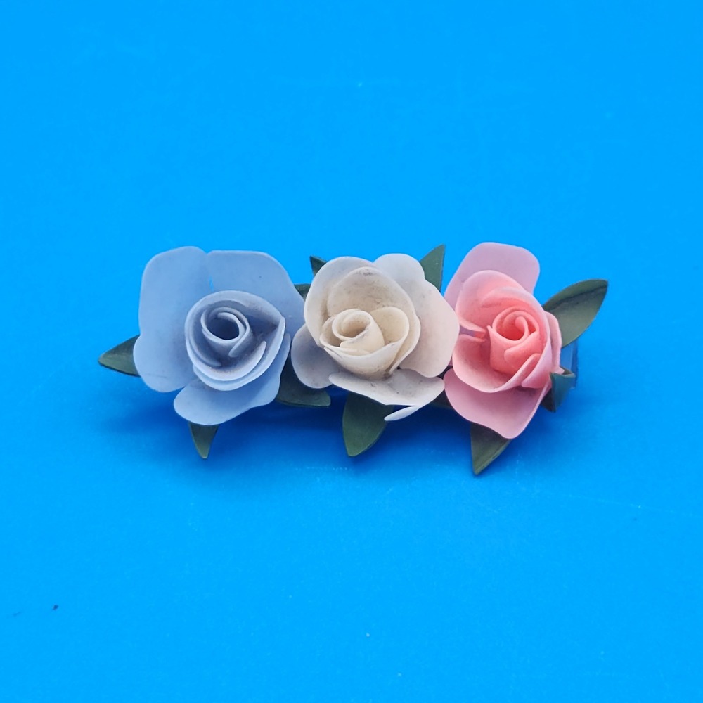 Vintage Celluloid Pastel Rose Brooch Pink Blue White Floral Pin Acrylic Base